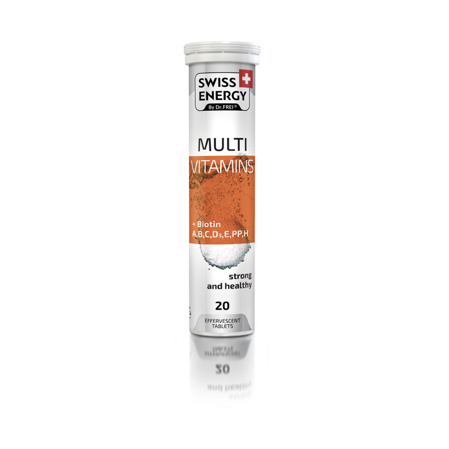  SWISS ENERGY Swiss Energy Suplemento Vitamínico Naranja Vitaminas del complejo B (B1 18mg, B2 1,7mcg, B6 1,7mcg), Vitaminas A , C 87mg, D, E 9mg , ácido Fólico 200mg y Biotin 50mg. 428980