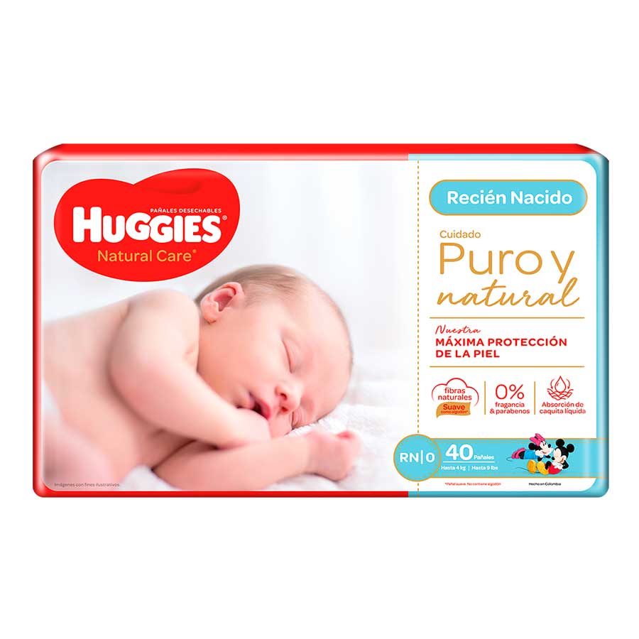 Pañal huggies natural care puro y natural recien nacido 40 unidades 459816