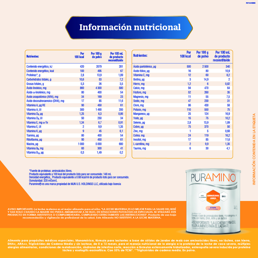 Fórmula infantil puramino fórmula especializada a base de aminoácidos libres lata 400g 460989