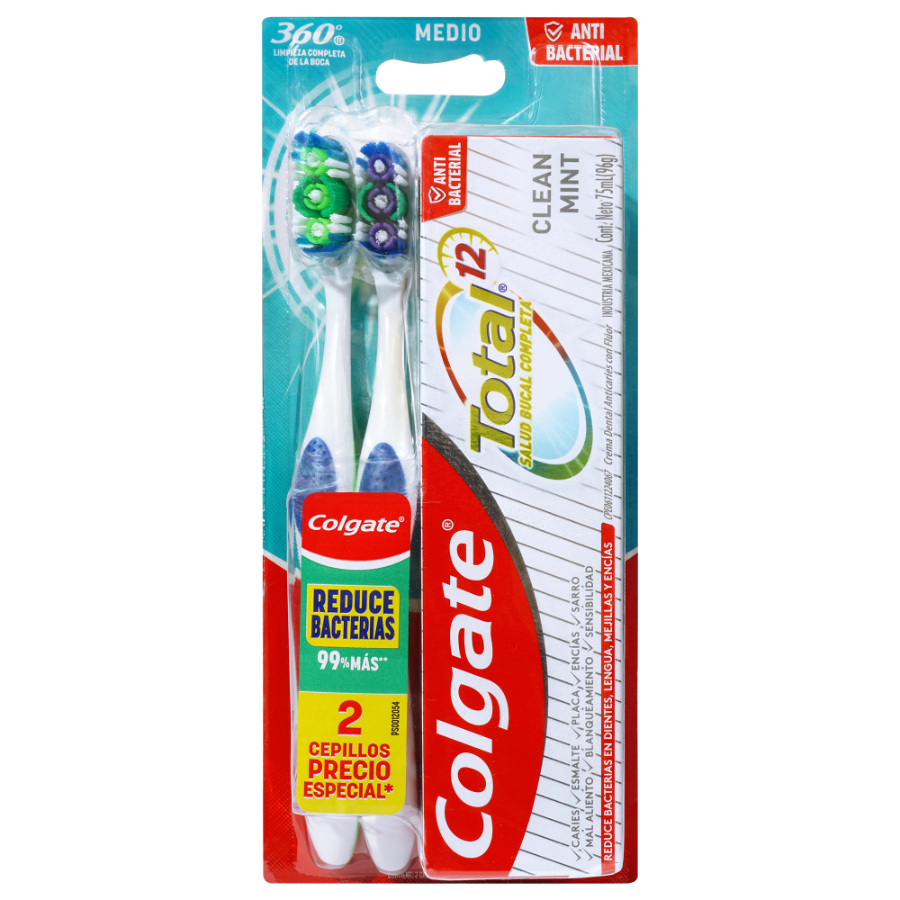 Cepillo dental colgate 360° + pasta dental total clean 75 ml 2 unidades 463054