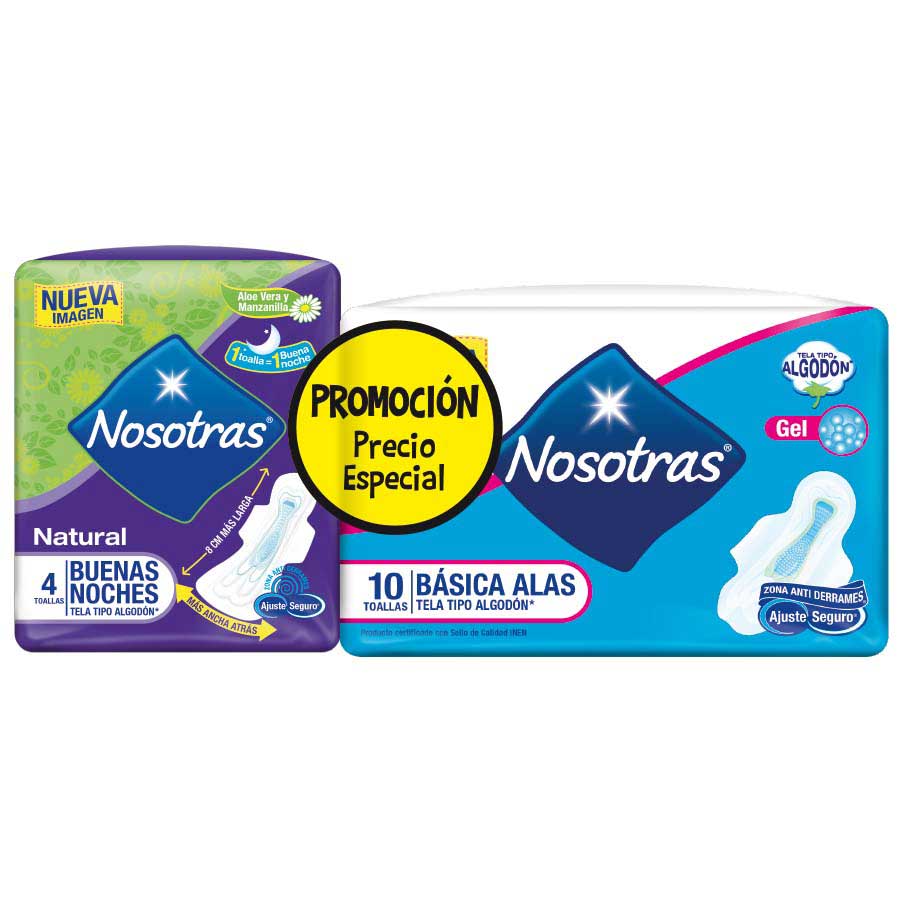 Pack toallas sanitarias nosotras básica alas x 10 unds + buenas noches natural x 4 unds 463099